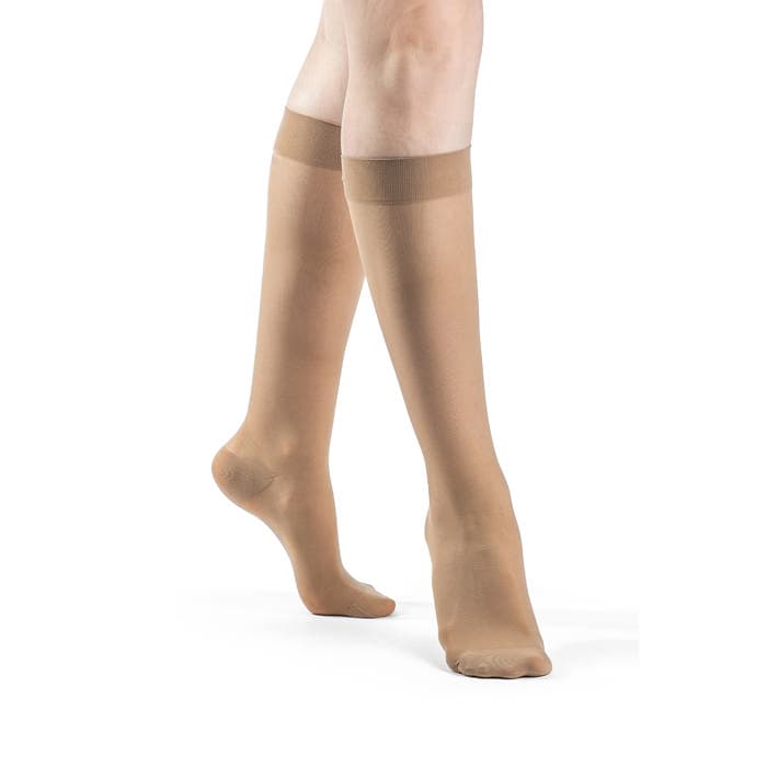 Sigvaris Women's Style Sheer Calf High Compression Socks Closed Toe, 30-40mmHg, Medium-Short, Suntan - Pair - Image 1