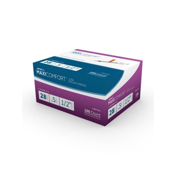 AIMSCO Maxicomfort Standard U-100 Insulin Syringe with Needle, 28 Gauge, 0.5 Inch, 0.5 mL - Case of 500 - Image 1