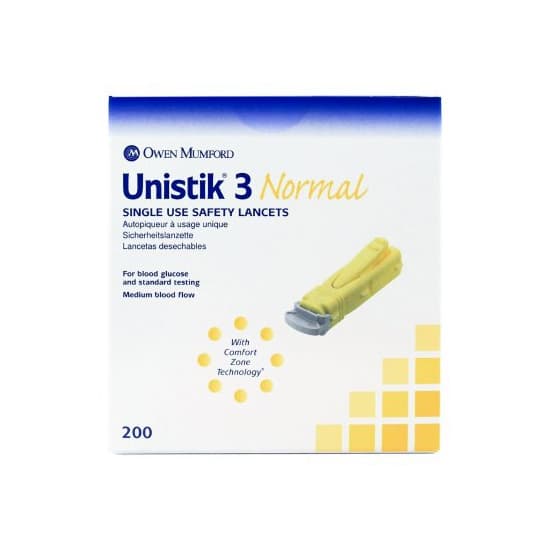 Unistik 3 Safety Lancet with Push Button Activation, Yellow, 23 Gauge - Box of 200 - Image 1