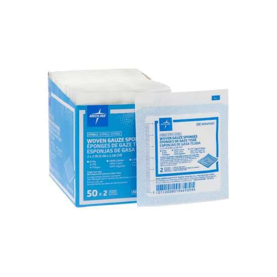 Medline USP Type VII Gauze Sponge White Square Sterile, 2 x 2 Inch, 8-Ply - Box of 100 - Image 1