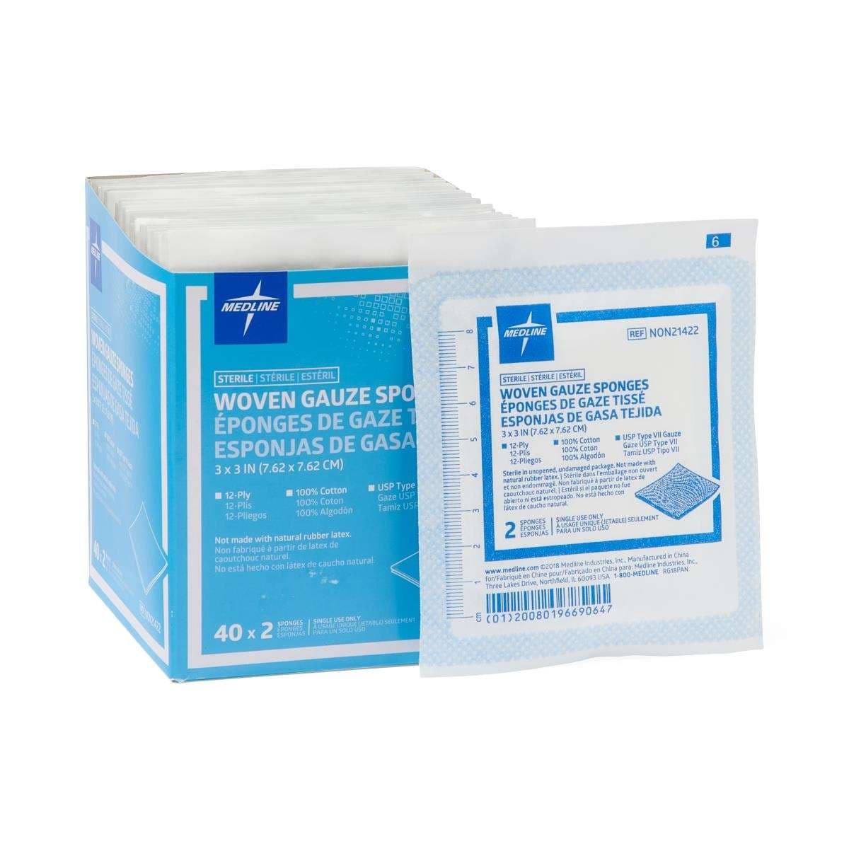 Medline USP Type VII Gauze Sponge White Square, 12 Ply, 3 x 3 Inch - Box of 80 - Image 1