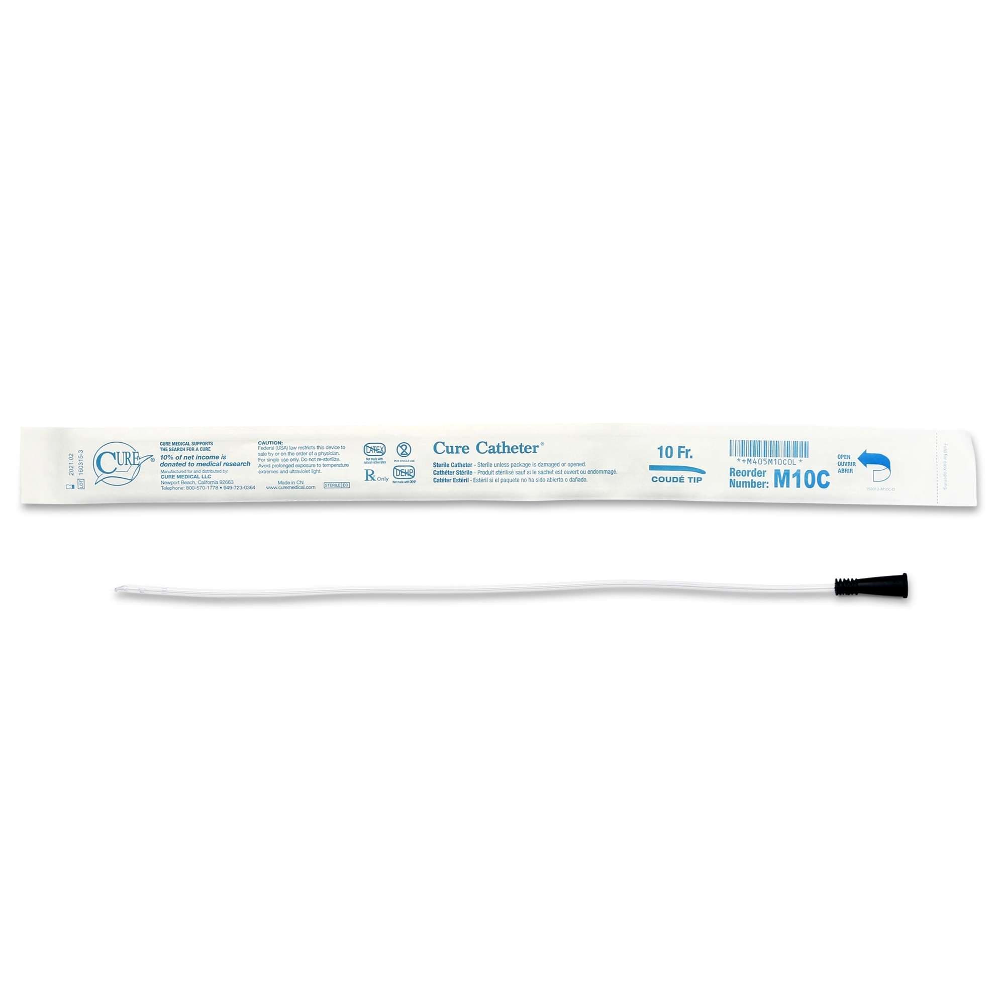 Cure Uncoated PVC Intermittent Catheter for Men, Coude Tip, 10 Fr - Case of 300 - Image 1