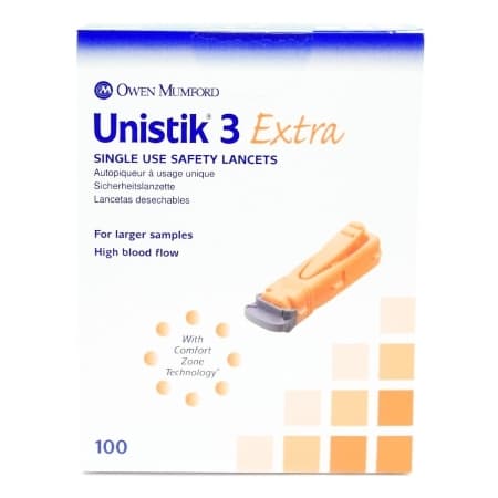 Unistik 3 Safety Lancet with Push Button Activation, Orange, 21 Gauge - Box of 100 - Image 1