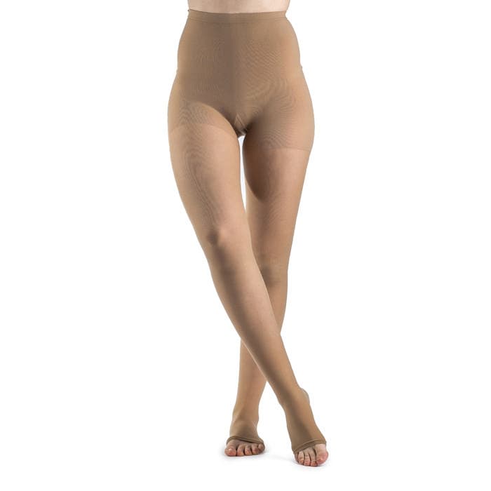 Sigvaris Women's Style Sheer Open Toe Compression Pantyhose, 20-30mmHg Large-Long, Suntan - Pair - Image 1