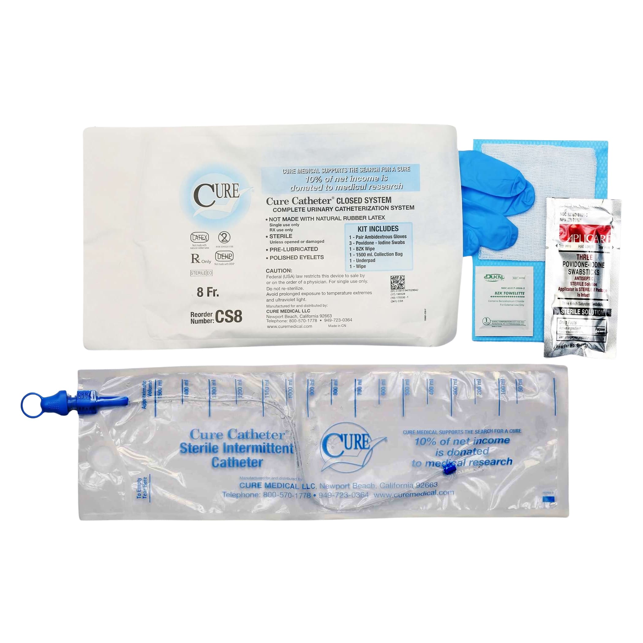 Cure Closed System Intermittent Catheter Kit, 8 Fr - Case of 100 - Image 1
