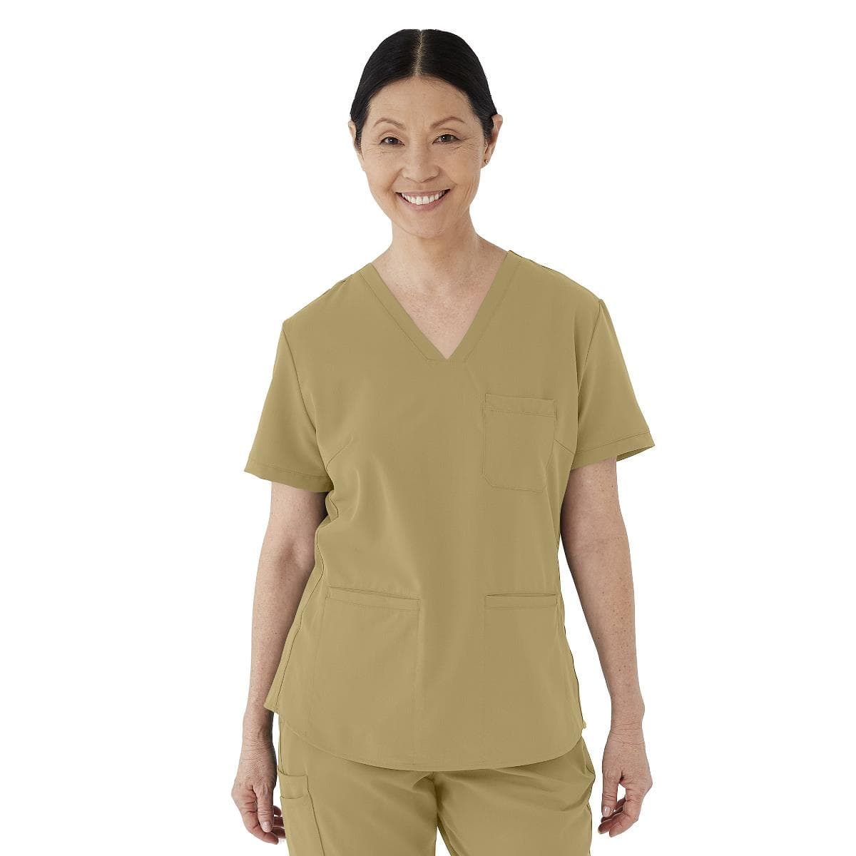 Medline Lexington AVE Women's V-Neck Scrub Tops with 3 Pockets, Khaki, Medium - Image 1