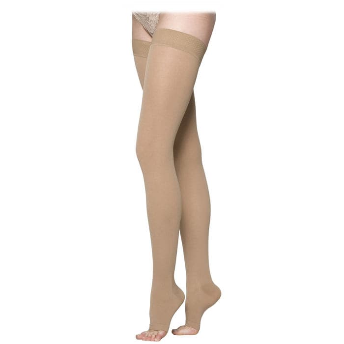 Sigvaris Essential Cotton Unisex Thigh-High with Grip-Top Compression Stockings 20-30 mmHg, Open Toe, Medium-Long, Crispa - Pair - Image 1