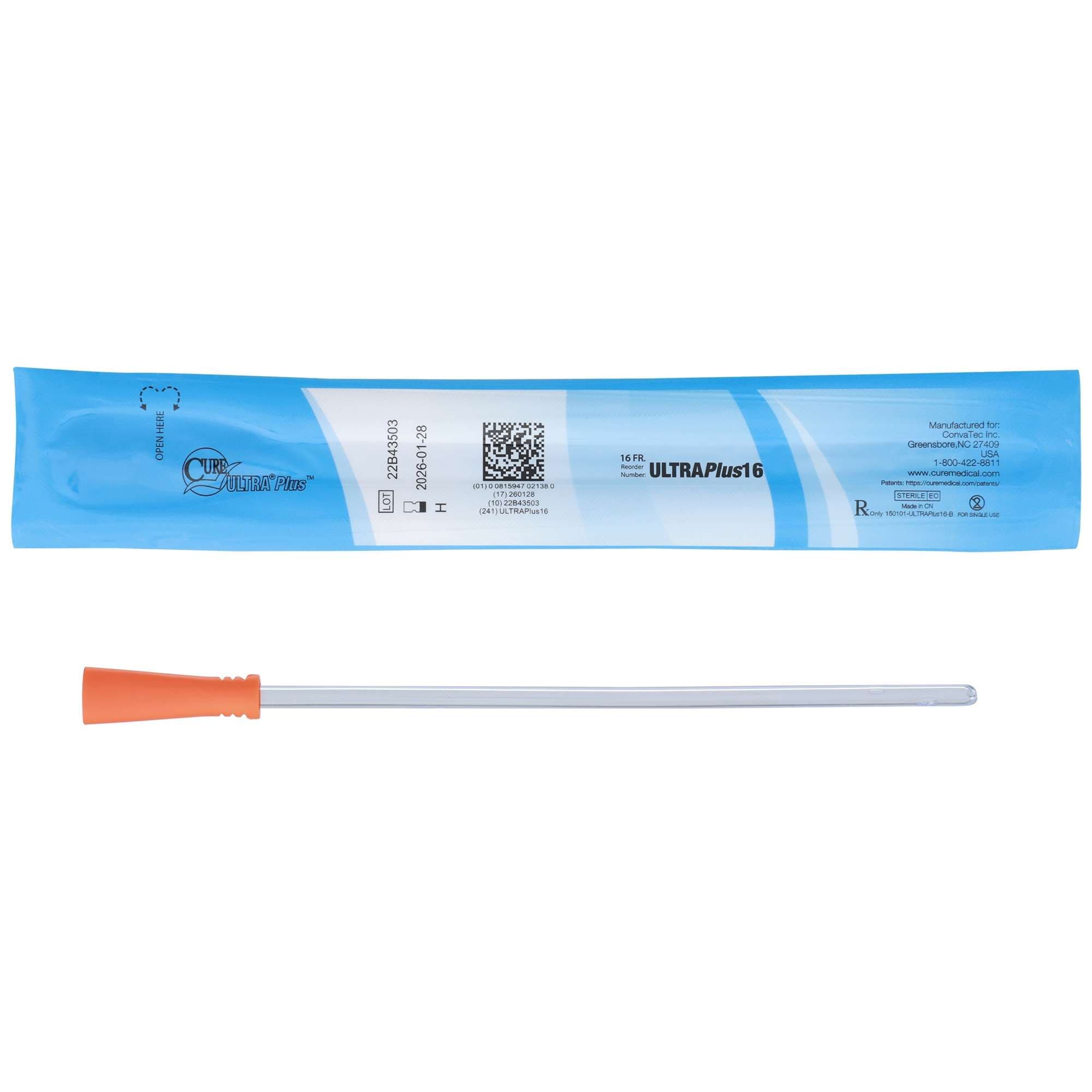 Cure Ultra Plus Urethral Catheter, Orange, 16 Fr - Box of 30 - Image 1