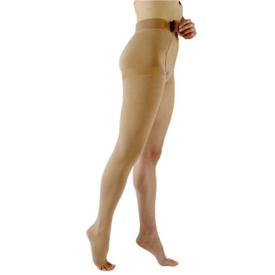 Sigvaris Natural Rubber Thigh High Compression Stockings with Attachment Beige, 30-40mmHg, Right, Small Avg Long - Image 1
