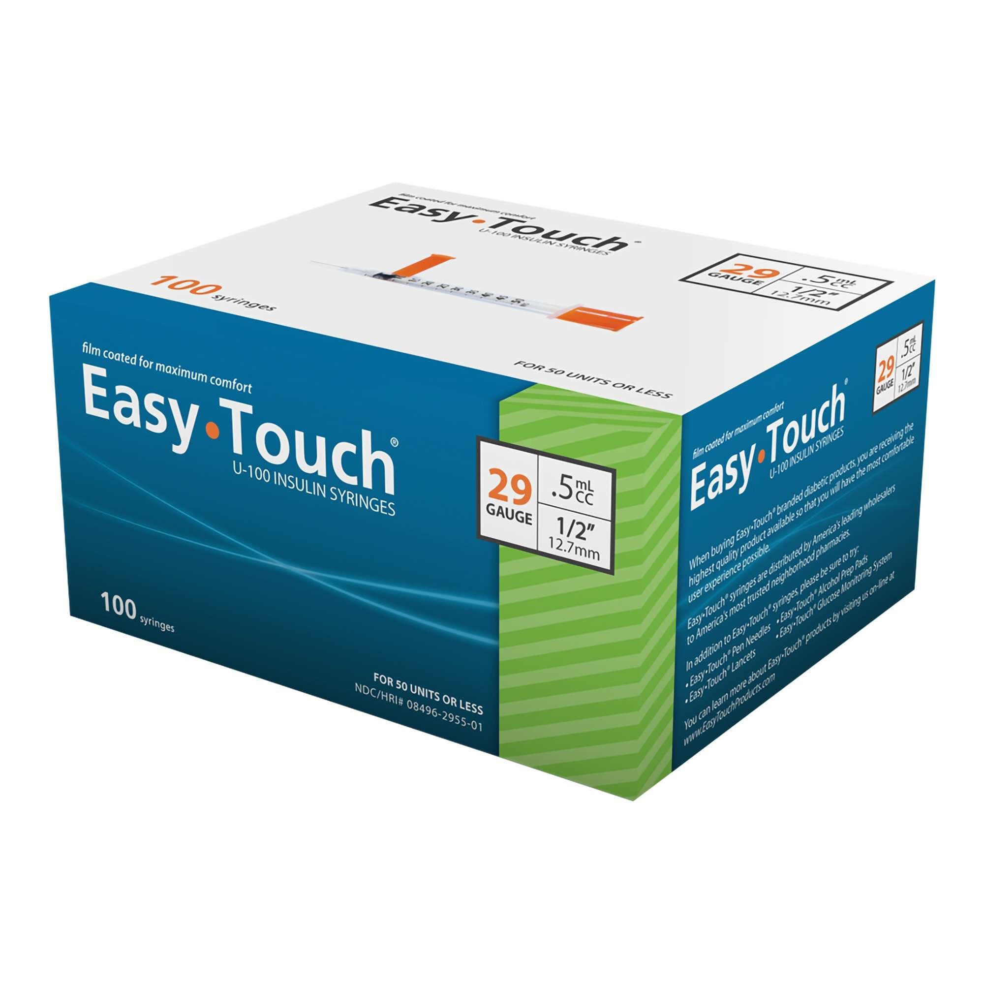 EasyTouch Standard Insulin Syringe with Needle, U-100 Insulin, 0.5 ml, 29 Gauge, 1/2 Inch, Poly Bag - Case of 500 - Image 1