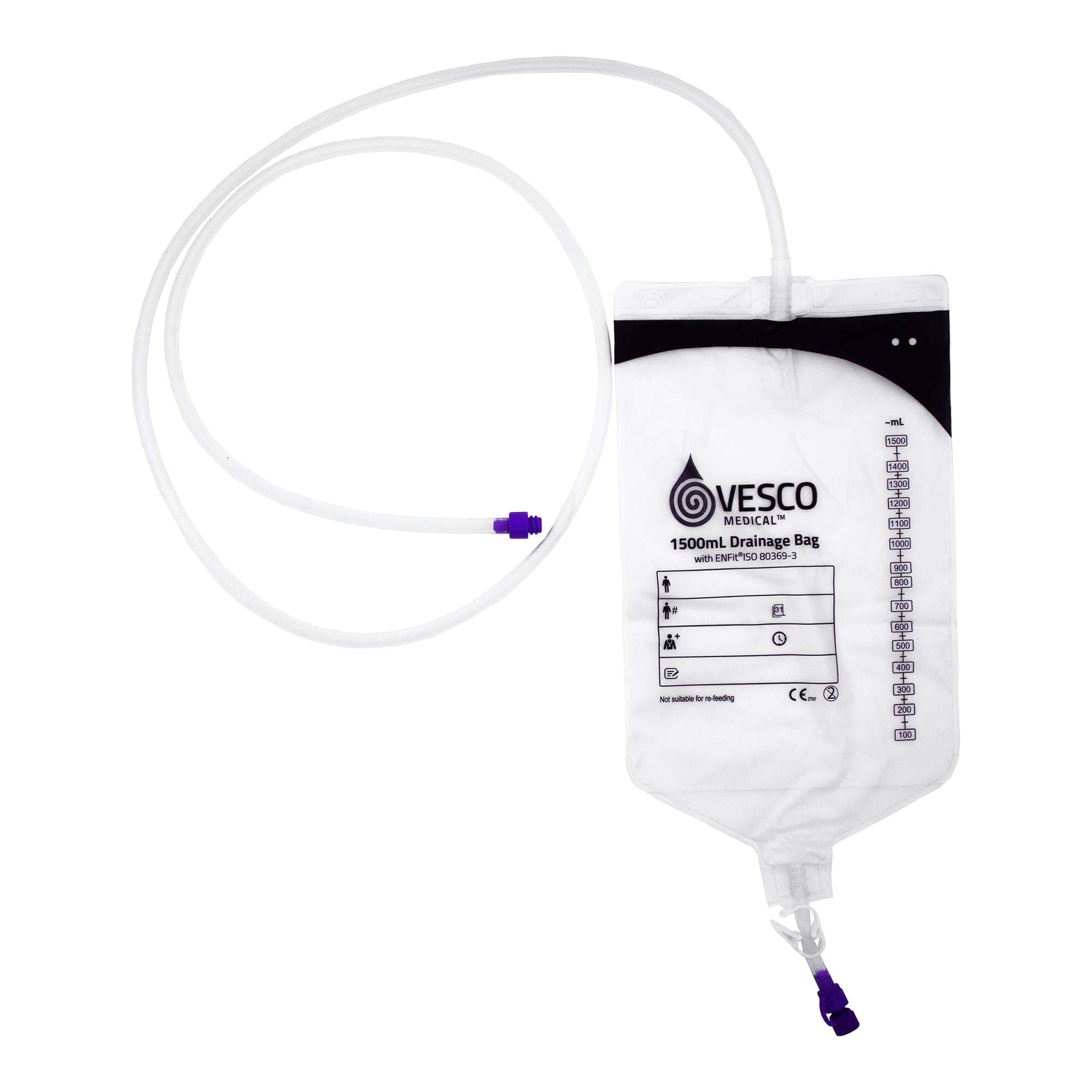 Vesco 1500mL ENFit Compatible Drainage Bag with 60" Tubing - Each - Image 1