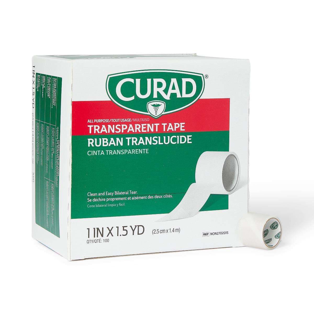 Curad Transparent Adhesive Plastic Tape, 1 Inch x 1.5 Yard - Case of 100 - Image 1