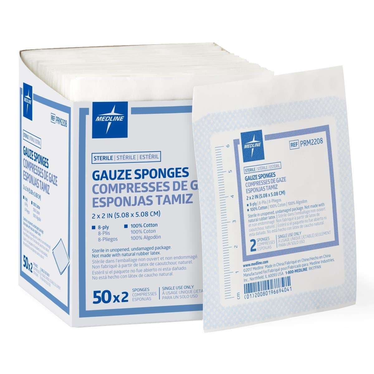 Medline Sterile Gauze Sponge, 2 x 2 Inch, 8 Ply - Box of 100 - Image 1