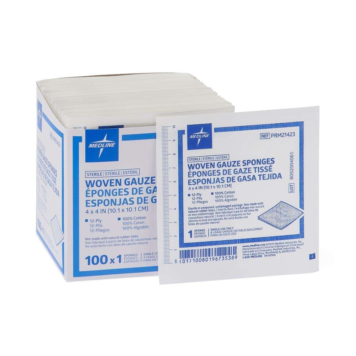 Medline Woven Sterile USP Type VII Gauze Sponges, 12 Ply - Bag of 100 - Image 1