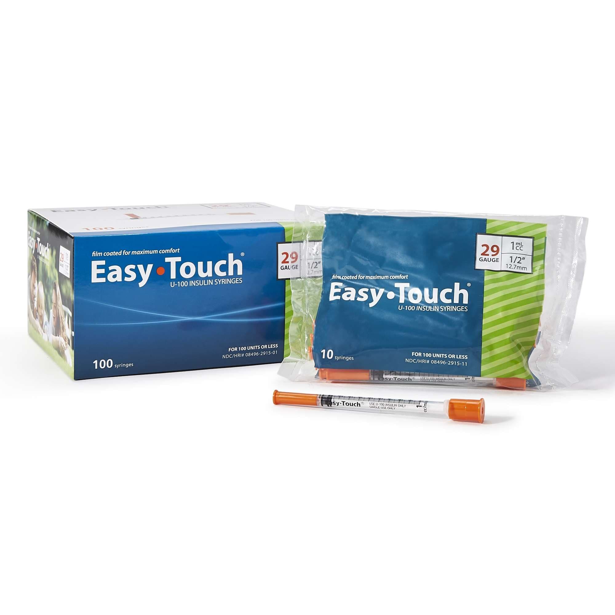 EasyTouch Standard Insulin Syringe with Needle, U-100 Insulin, 1 ml, 29 Gauge, 1/2 Inch, Poly Bag - Box of 100 - Image 1
