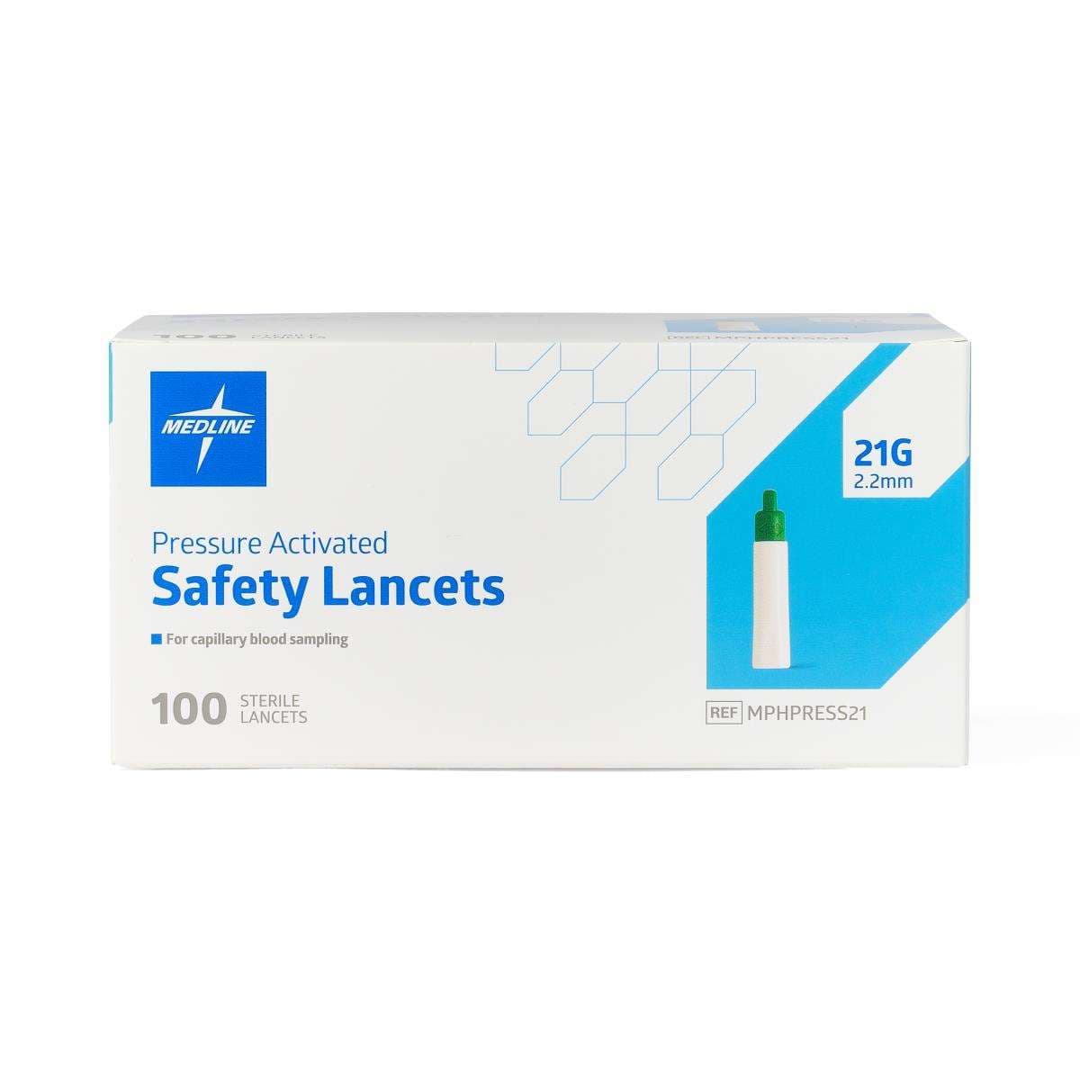 Medline Sterile Safety Lancets, with Pressure Activation, 21G x 2.2 mm - Box of 100 - Image 1