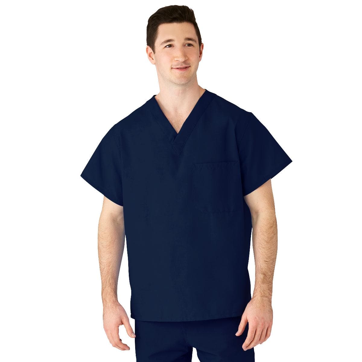 Medline AngelStat Unisex Reversible V-Neck Scrub Top with 2 Pocket, Navy, Small - Image 1