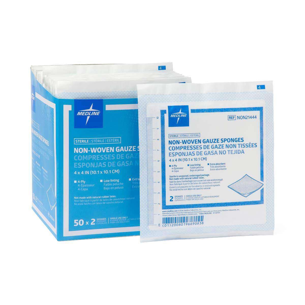 Medline Standard Nonwoven Gauze Sponges, 4 Ply, 4 x 4 Inch - Package of 2 - Image 1
