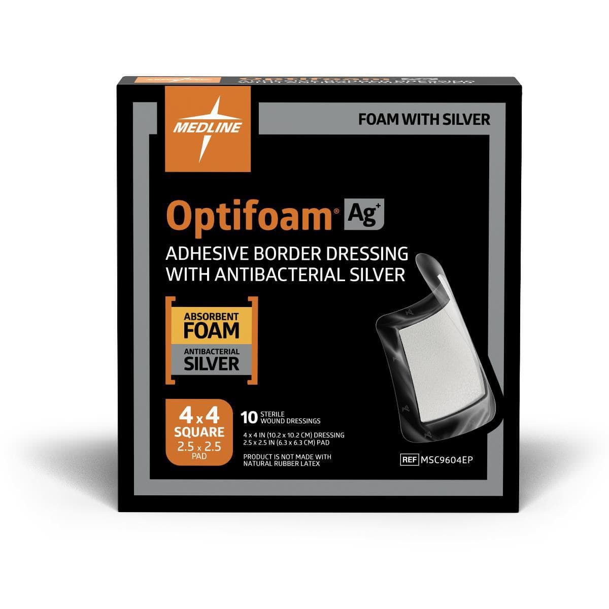 Optifoam Ag+ Adhesive Foam Wound Dressings with Silver, 4 x 4 Inch - Box of 10 - Image 1