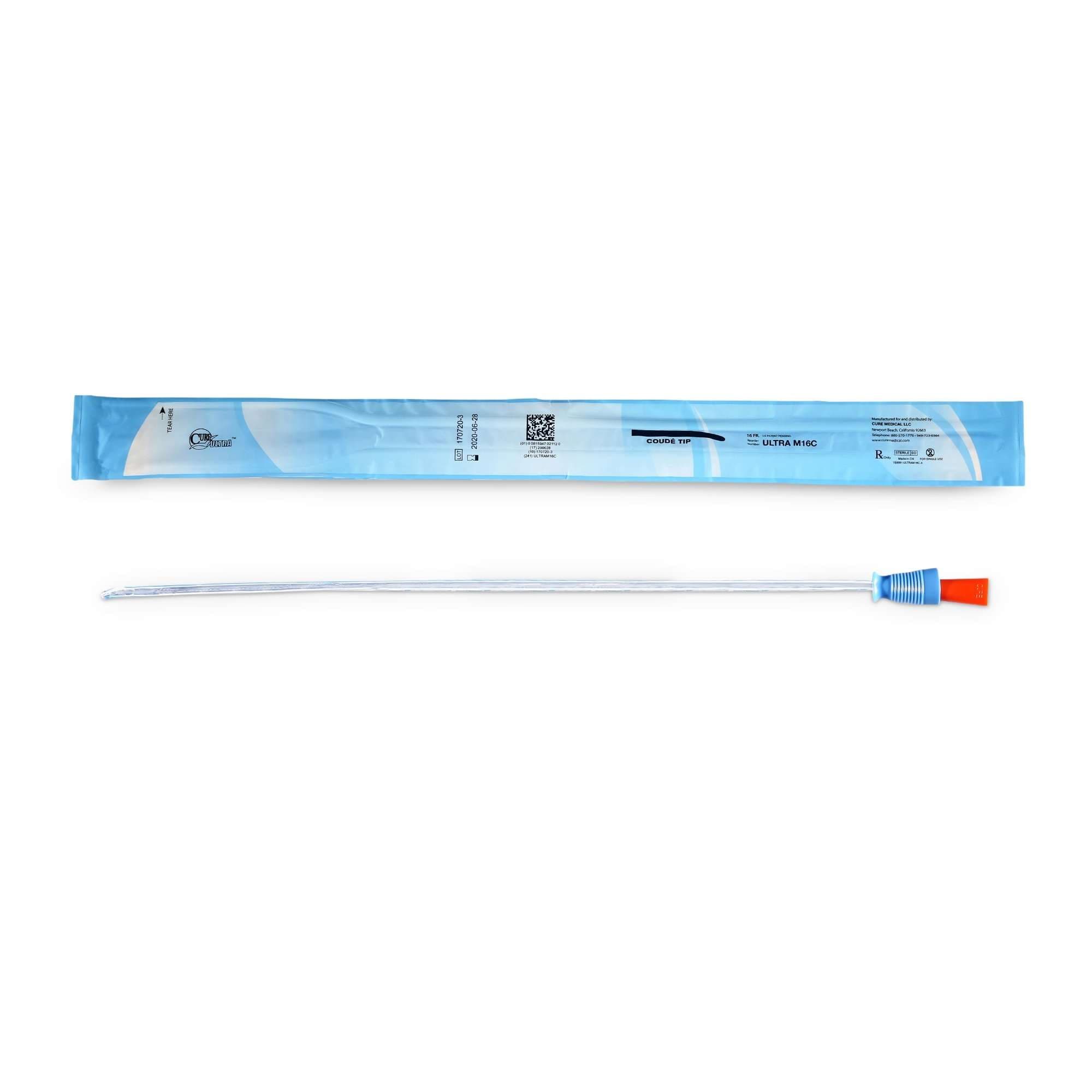 Cure Ultra Ready-to-Use Intermittent Catheter for Men, Coude Tip, Size 16, 16 Fr - Box of 30 - Image 1