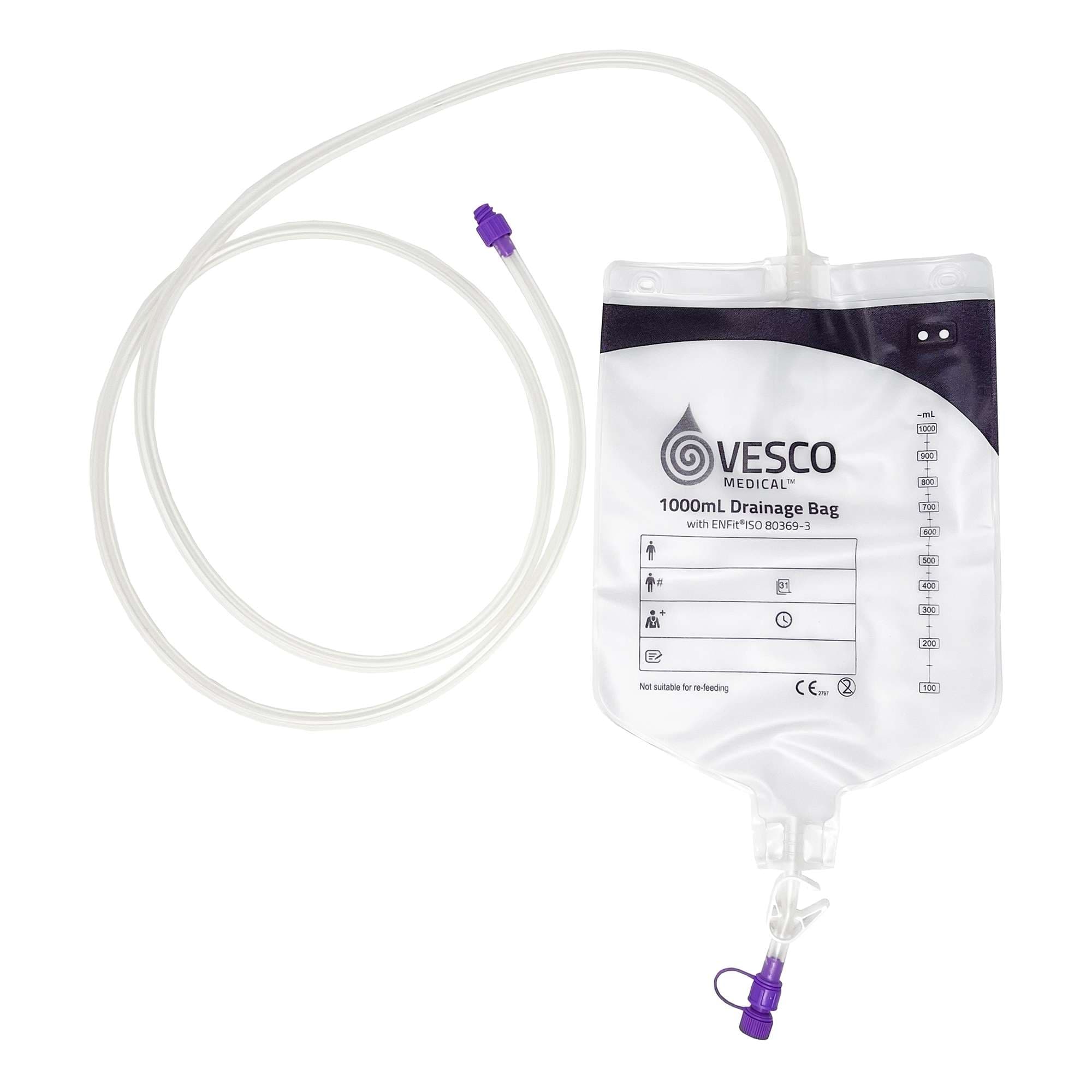 Vesco Medical Enteral Drainage Bag with ENFit Connector, 60 Inch, 1000 mL - Each - Image 1