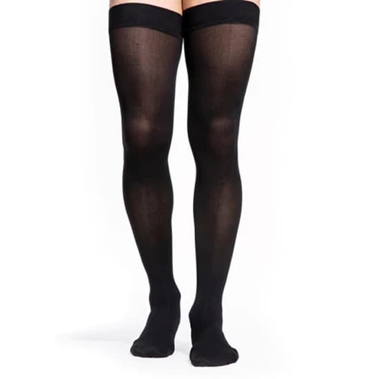 Sigvaris Men's Style Microfiber Thigh-High Compression Stockings 30-40 mmHg, Black, Small-Long - Pair - Image 1