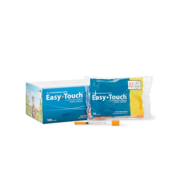 EasyTouch Standard Insulin Syringe with Needle, 5/16 Inch, 31 Gauge, 0.5 mL - Box of 100 - Image 1