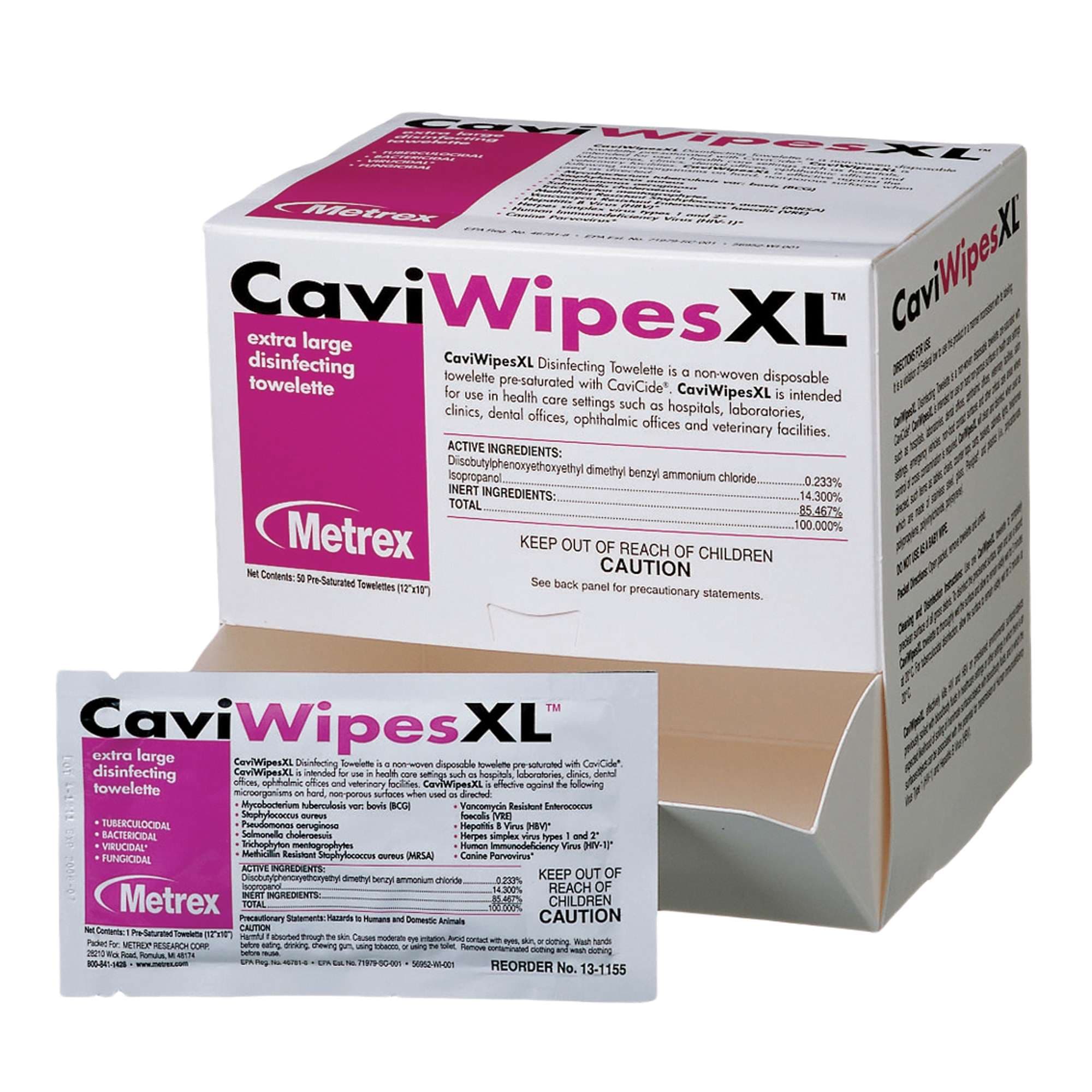 CaviWipes Surface Disinfectant Wipe, Individual Packet, 10 x 12 Inch, 50 Count - Box of 50 - Image 1