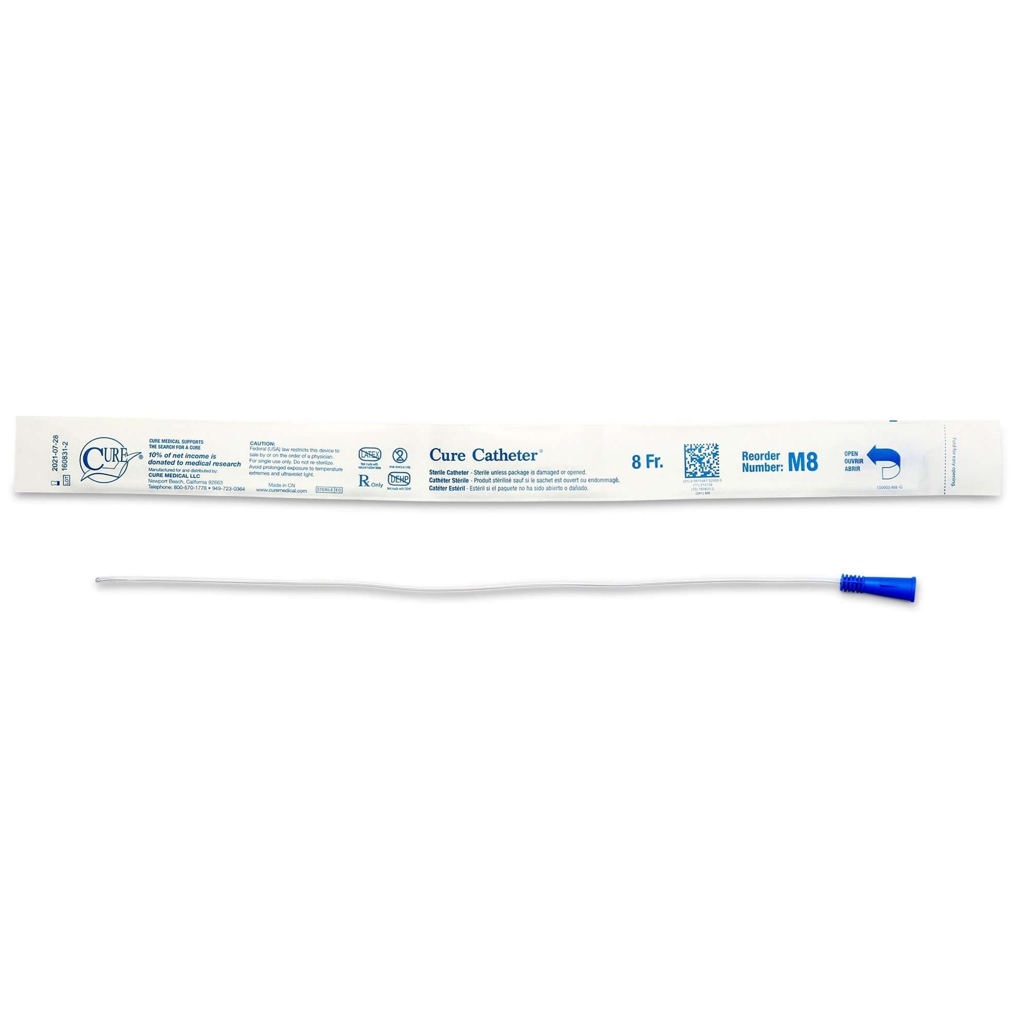 Cure Uncoated PVC Intermittent Catheter for Men, 8 Fr - Each - Image 1