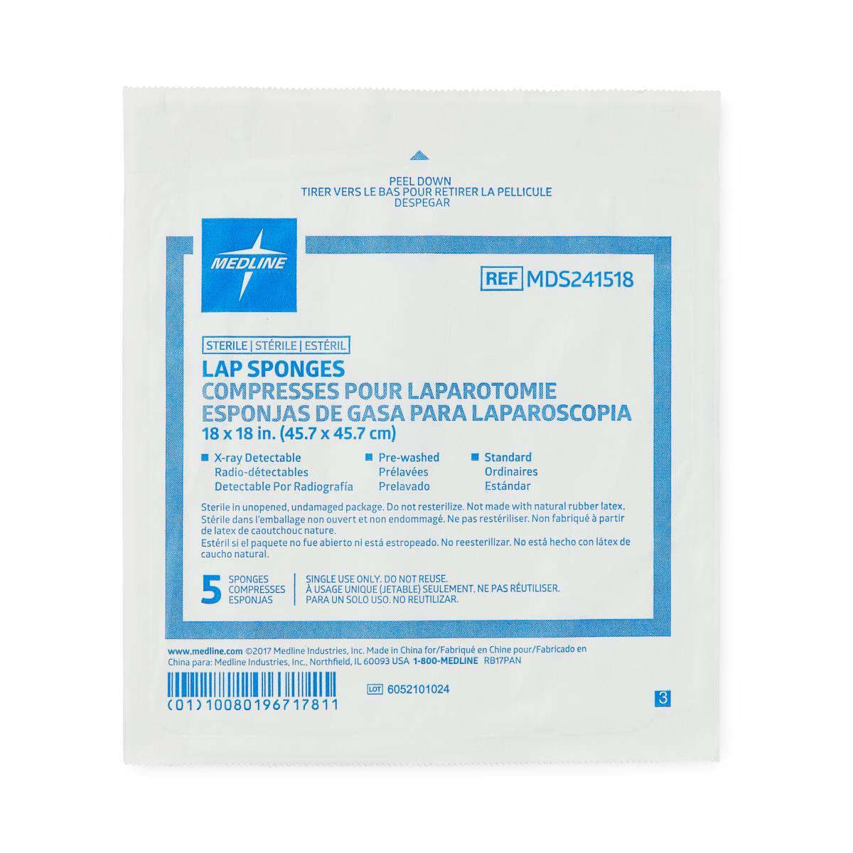 Medline X-Ray Detectable Sterile Lap Sponge, 18" x 18" - Package of 5 - Image 1