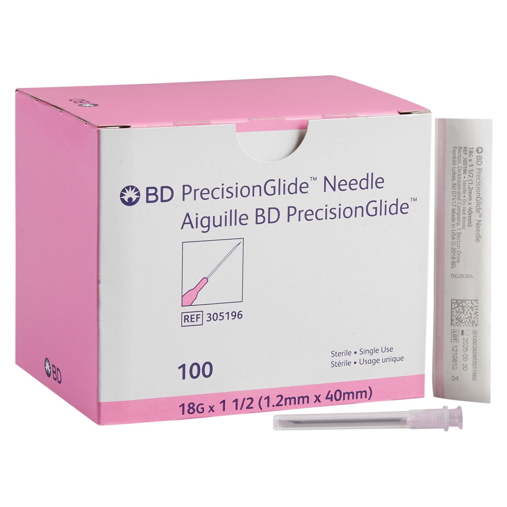 BD PrecisionGlide Regular Bevel Hypodermic Needle, Regular Wall, 18 Gauge, 1.5 Inch - Box of 100 - Image 1