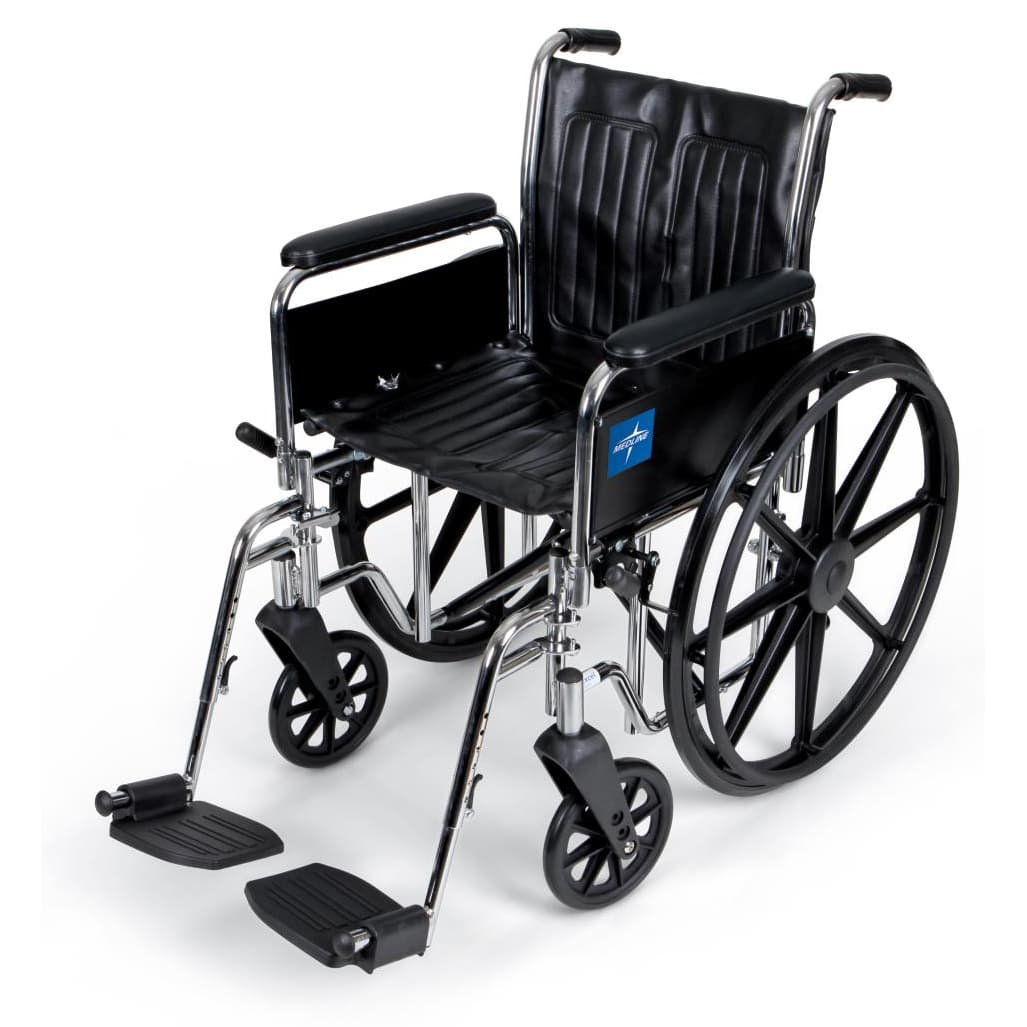 Medline Excel 2000 Standard Wheelchair 20"W x 16"D Seat with Removable Full Length Arms and Swing Away Footrests, Black Upholstery - Image 1