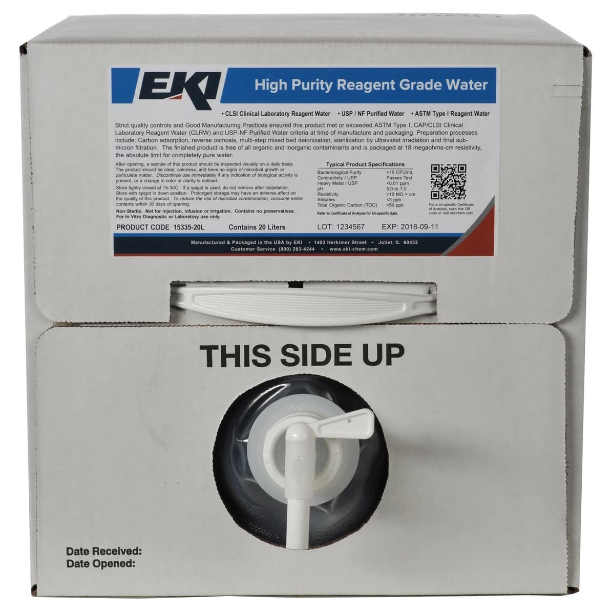 EK Industries Inc Chemistry Reagent Deionized Water 100% Liquid, Cubitainer, 20 Liter - Each - Image 1