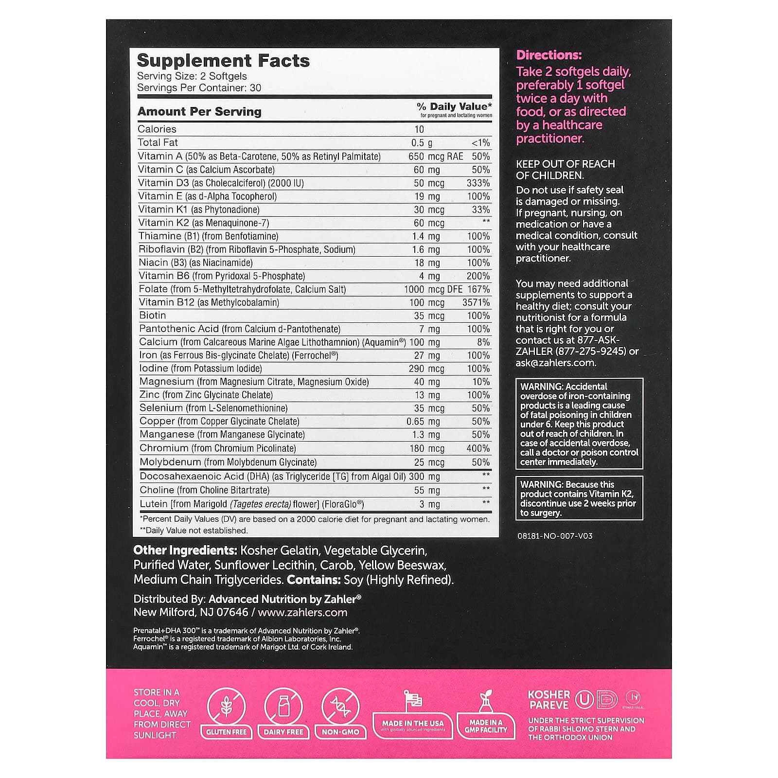 Zahler Prenatal Plus DHA 300 Dietary Supplement Softgels, 180 Count - Each - Image 2