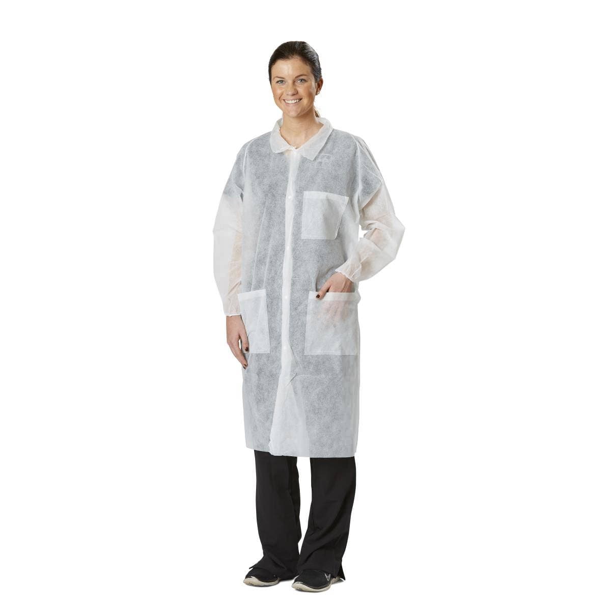 Medline Disposable Spunbond Polypropylene Lab Coat, Large, White - Case of 30 - Image 1