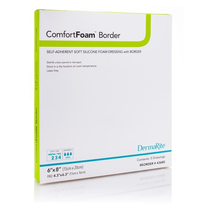 ComfortFoam Border Self-adherent Silicone Foam Dressing with Border, 6 x 8 Inch - Box of 5 - Image 1