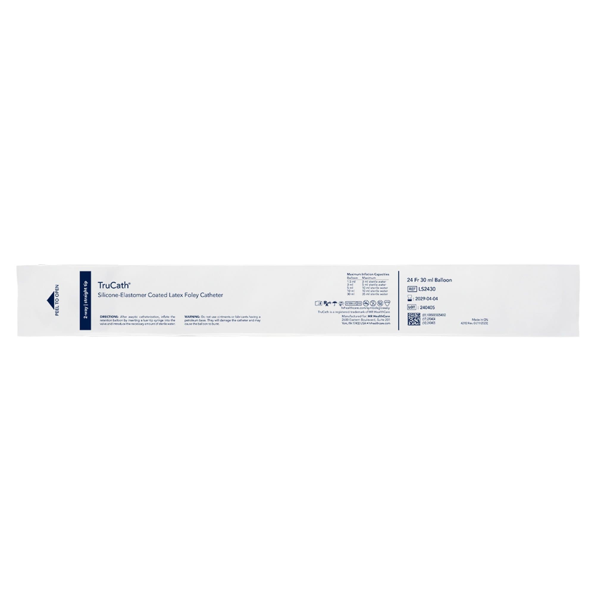 TruCath Silicone-Elastomer Coated Latex 2-Way Foley Catheter, Standard Tip, 24 Fr, 30 mL - Each - Image 1
