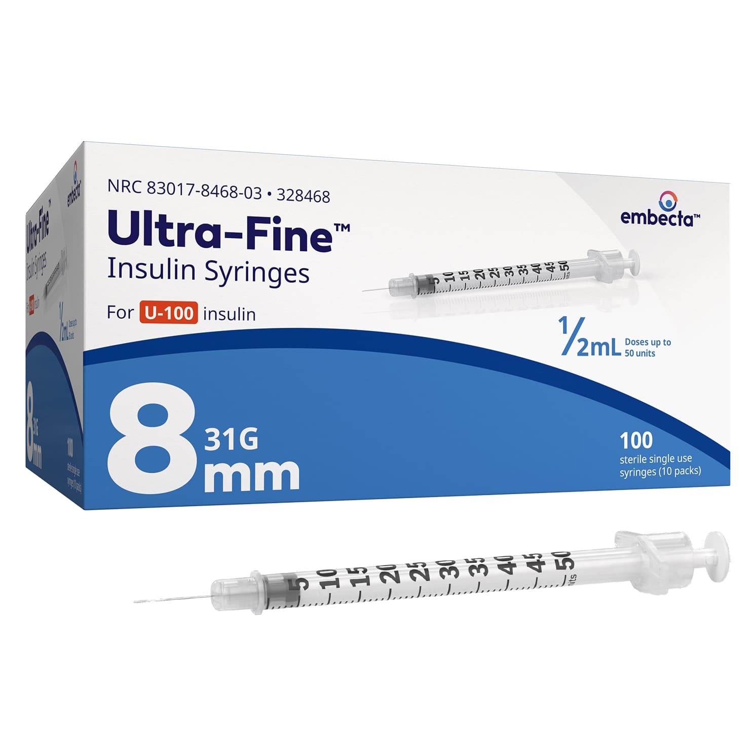 Embecta Ultra-Fine Insulin Syringes, 31 Gauge, 8 mm, 0.5 mL - Box of 100 - Image 1