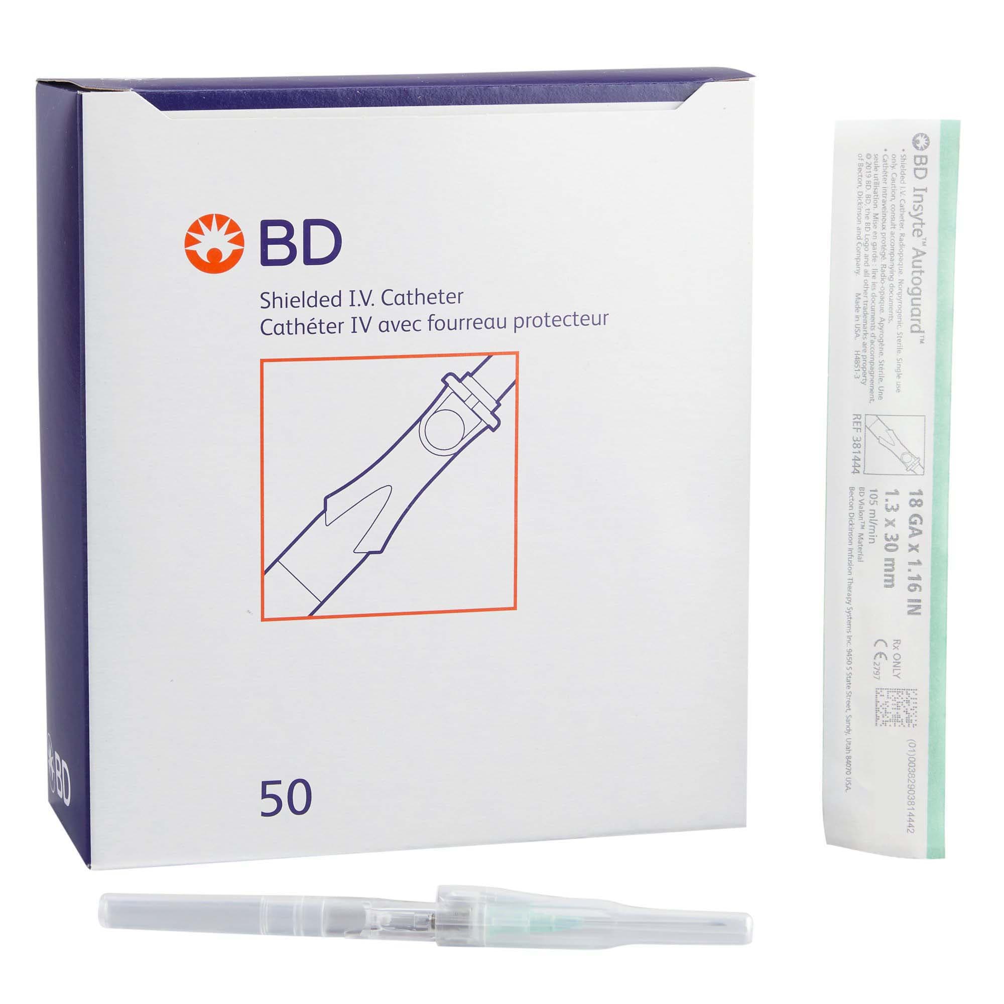 BD Insyte Autoguard Vialon Shielded Peripheral IV Catheter, 18 Gauge, 1.16" - Box of 50 - Image 1