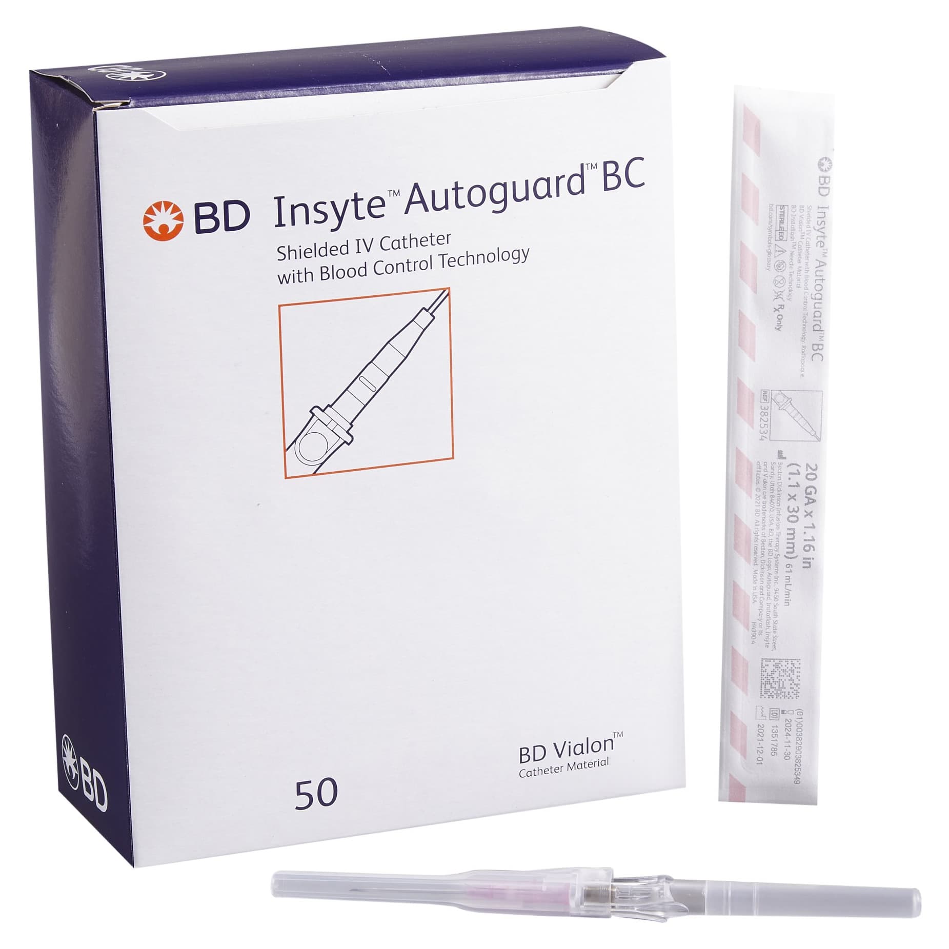 BD Insyte Autoguard Peripheral IV Catheter, Pink, 20 Gauge, 1.16 Inch - Box of 50 - Image 1