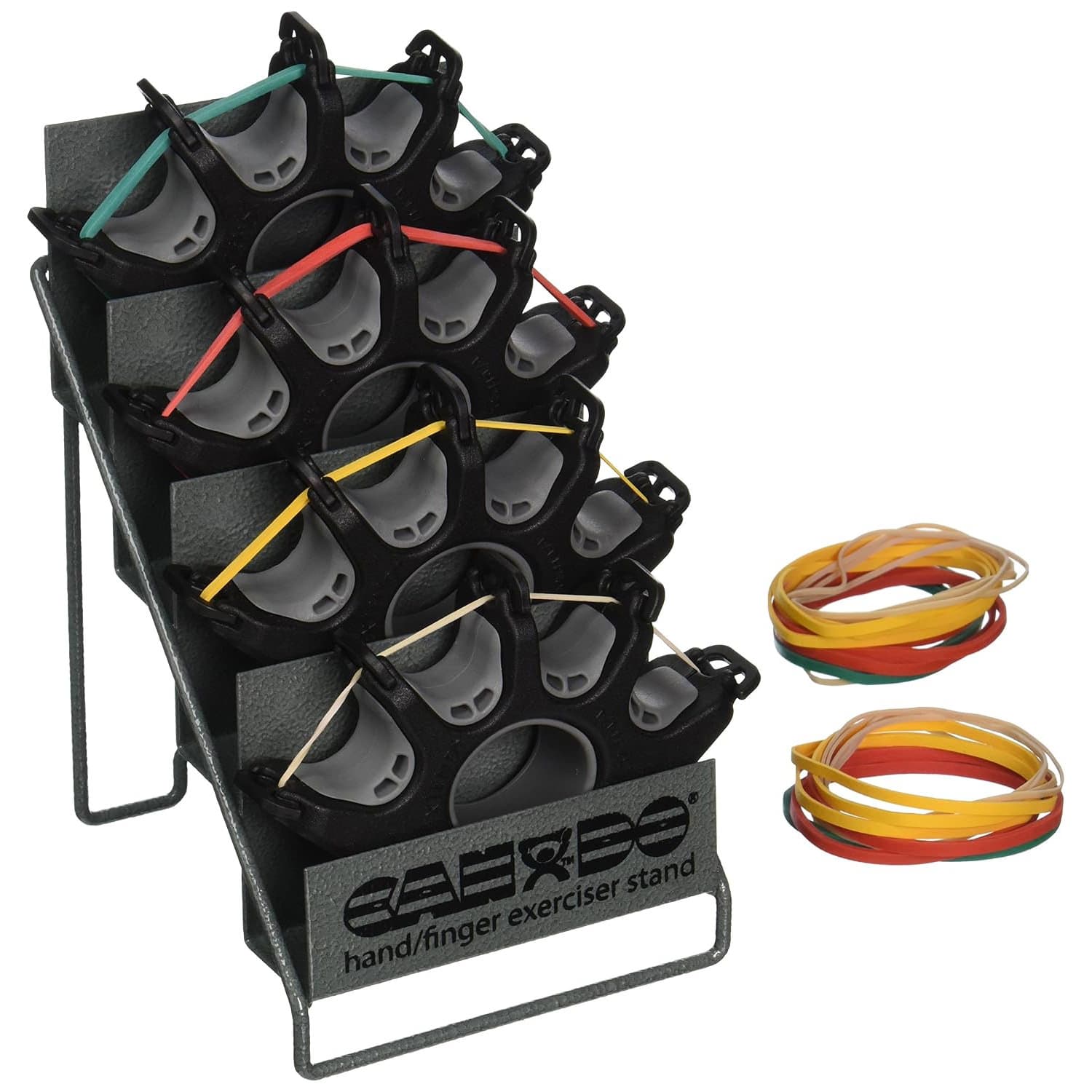 CanDo Digi-Extend 4 Hand Exerciser, metal rack with 64 bands(16 Each: tan, yellow, red, green)- set