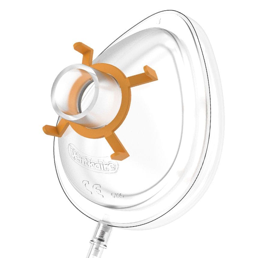 Flexicare Anesthesia Mask Venticaire with Tail Valve Style Adult Size 5 Hook Ring, Clear-Yellow Ring - Each - Image 1