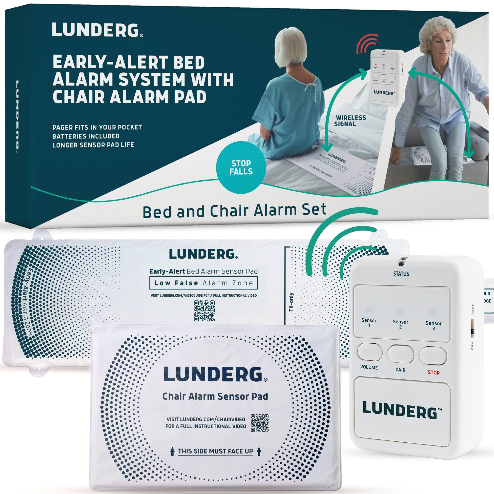 Lunderg Bed and Chair Alarm Set with Wireless Sensor Pad, Early Alert - Image 1
