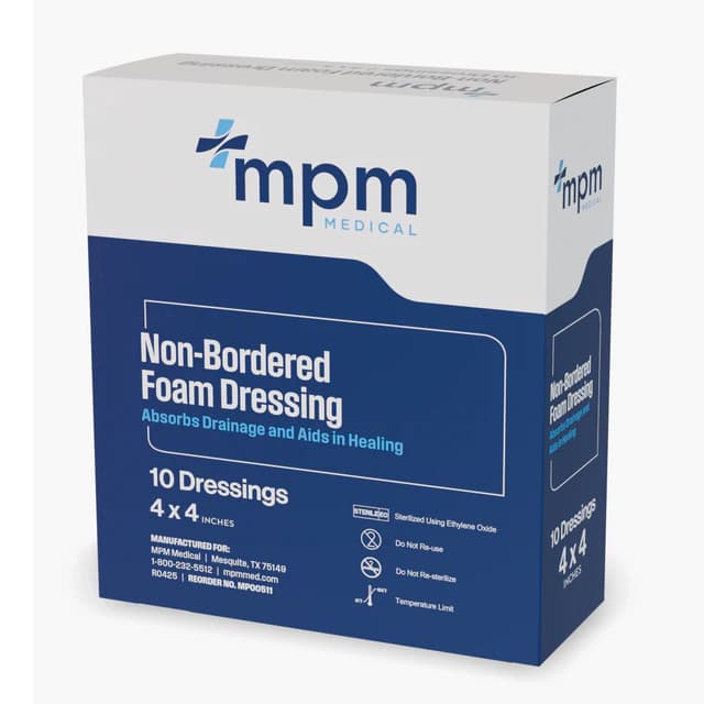 MPM Medical Non-bordered Foam Dressing 4" x 4" Square with Water-proof Top Layer - Box of 10 - Image 1