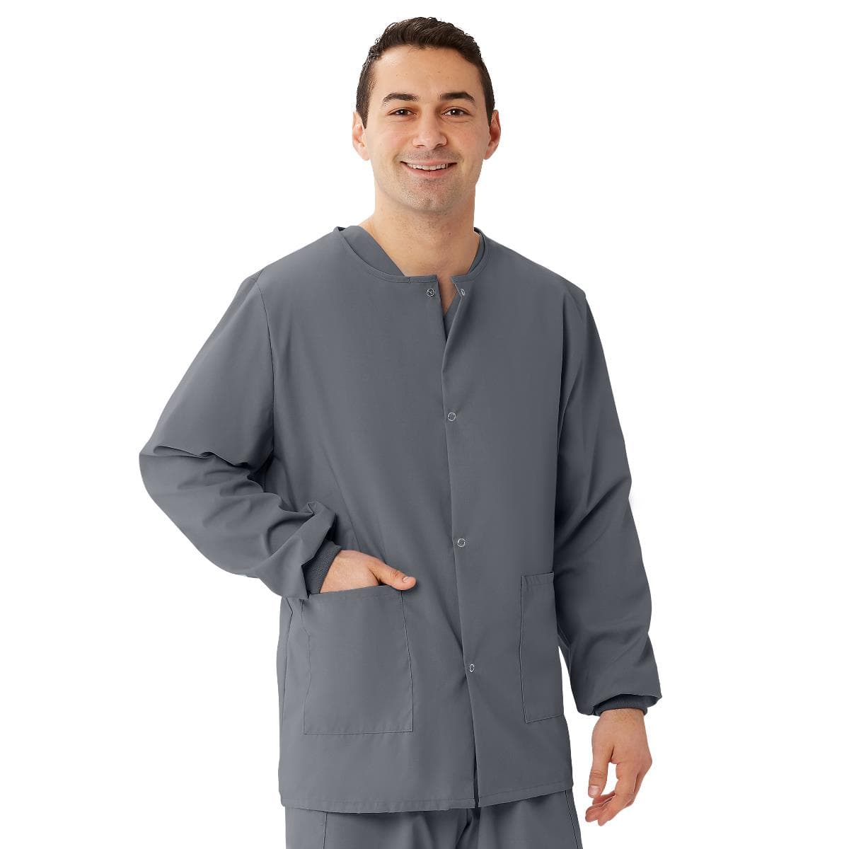 Medline AngelStat Unisex Snap-Front Warm-Up Scrub Jacket, Charcoal, 4XLarge - Image 1