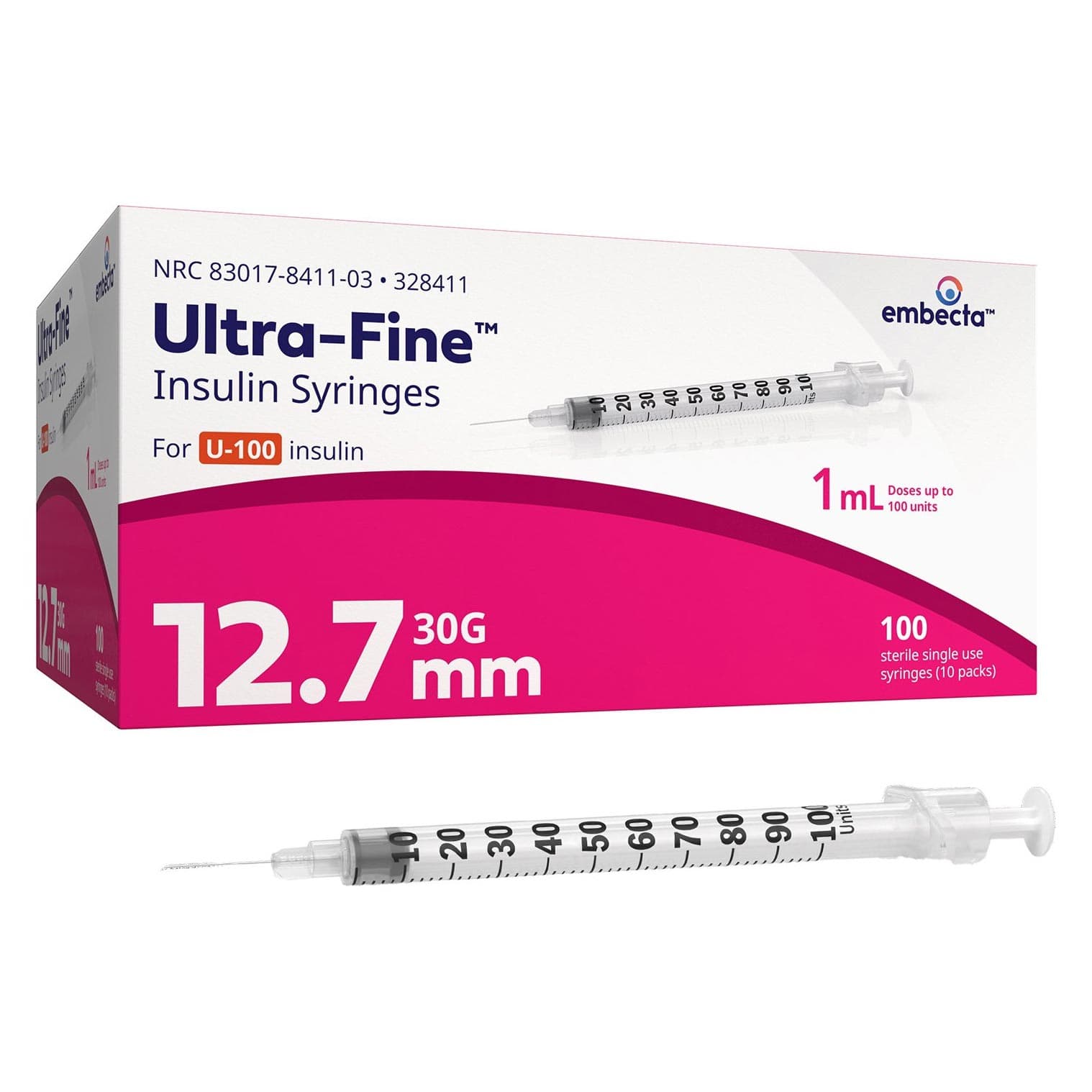Embecta Ultra-Fine Insulin Syringes, 30 Gauge, 12.7 mm, 1 mL - Box of 100 - Image 1