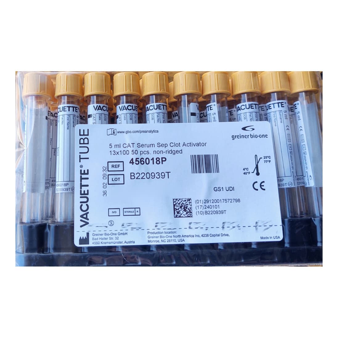 Vacuette Z Serum Sep Clot Activator Venous Blood Collection Tube, Gold, 5 mL - Box of 50 - Image 1