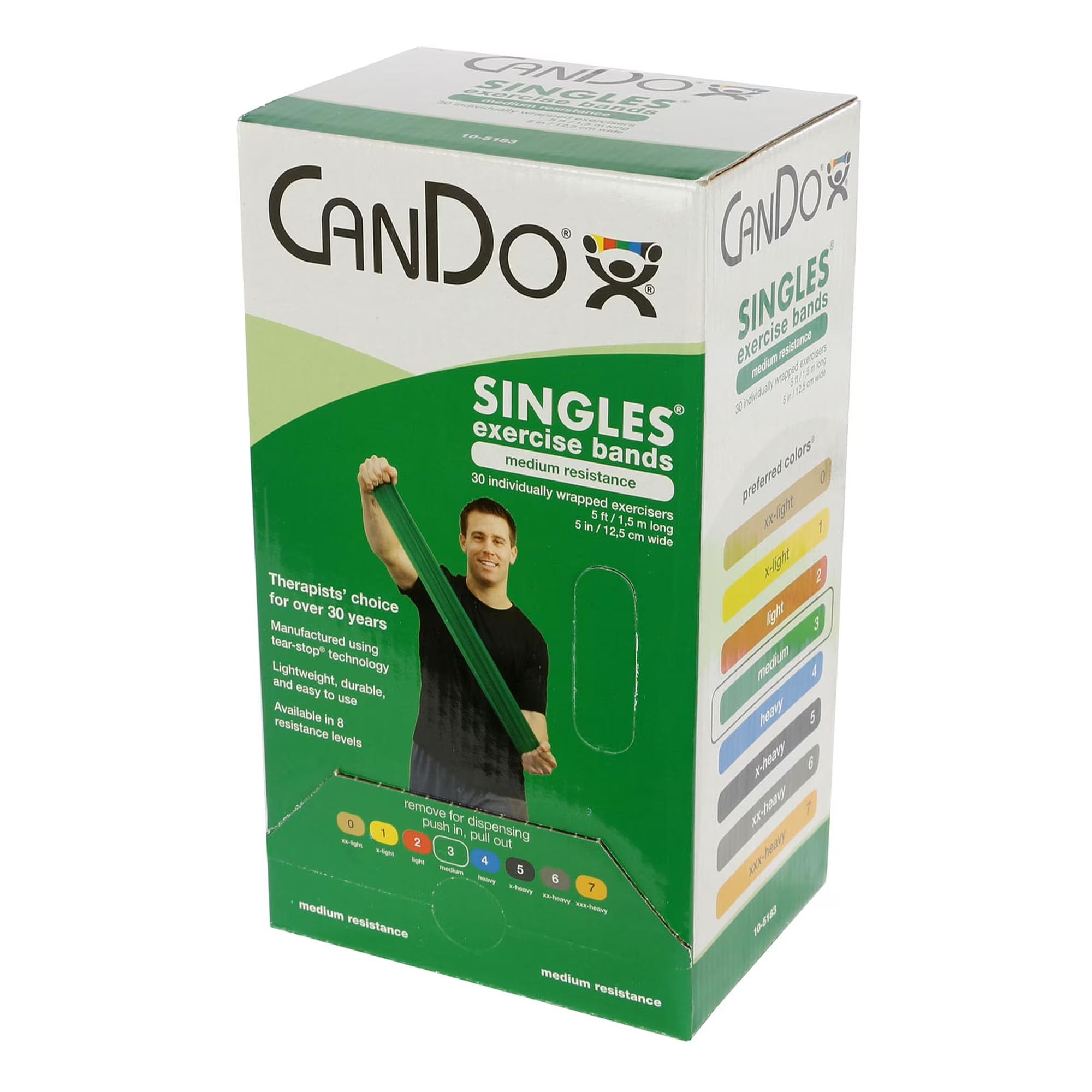 CanDo Latex-Free Exercise Band, 5 Foot Singles, Green, Medium - Box of 30 - Image 1
