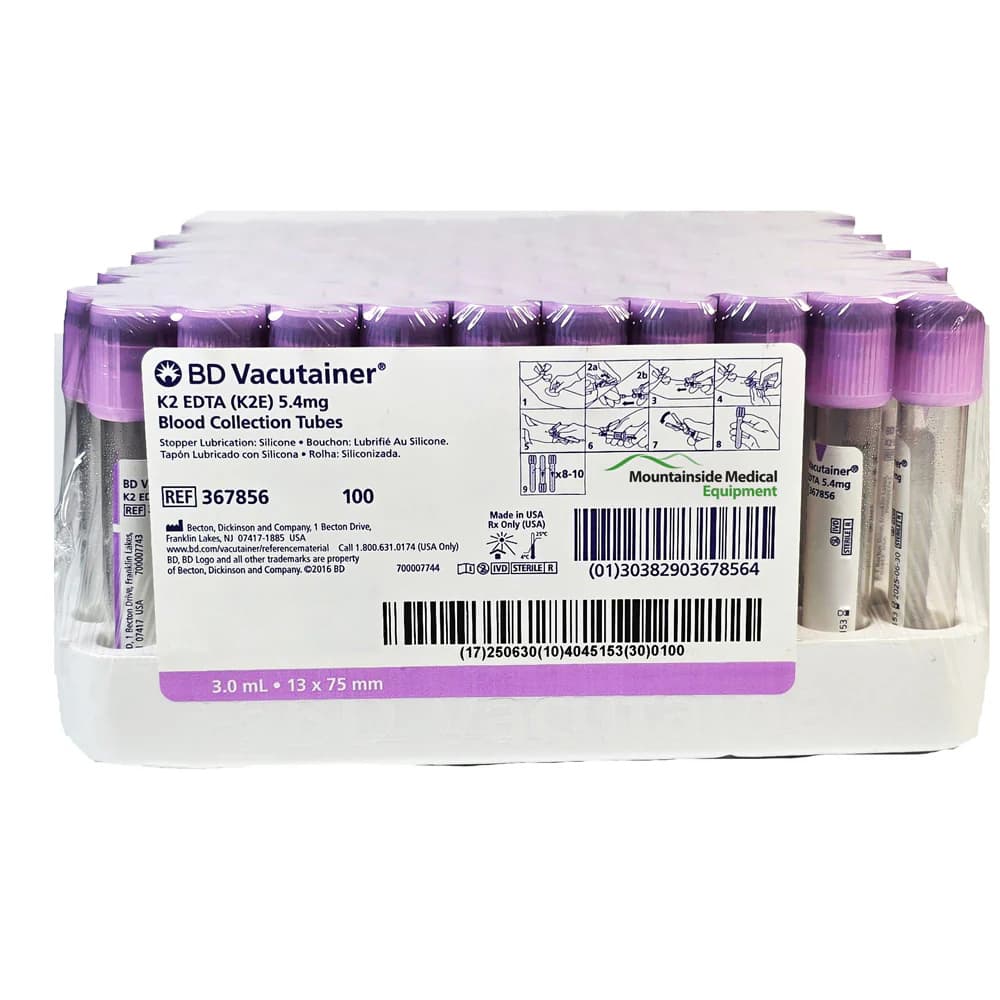 BD Vacutainer K2 EDTA Blood Collection Tube, Lavender, 3 ML - Box of 100 - Image 1