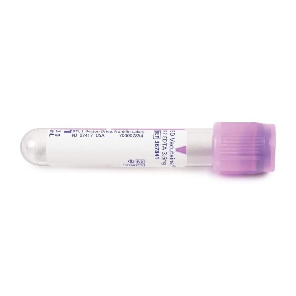 BD Vacutainer K2 EDTA Blood Collection Tube, Lavender, 2 mL - Box of 100 - Image 1